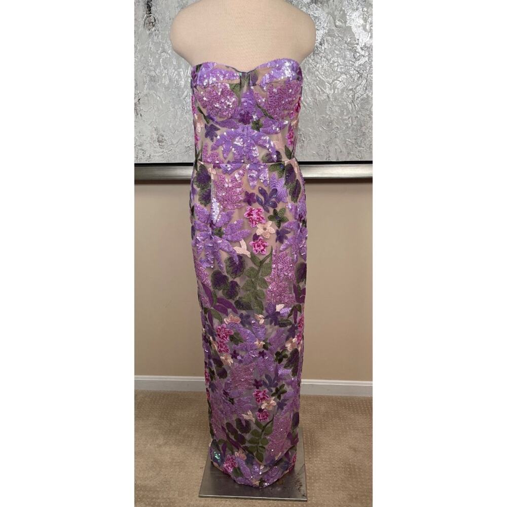 BRONX AND BANCO Dahlia Floral Appliqué Strapless Lilac Maxi Dress Size Large - Picture 2 of 7